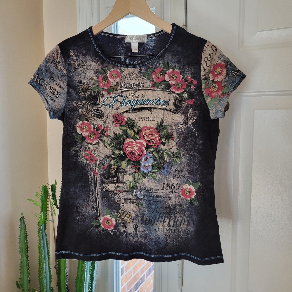 Dressbarn Y2K Vintage Style Graphic Printed Retro Black Grunge‎ T-Shirt, Size L